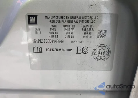 2013 Chevrolet Cruze 2Lt Auto from USA, damaged, VIN 1G1PE5SB0D7148649